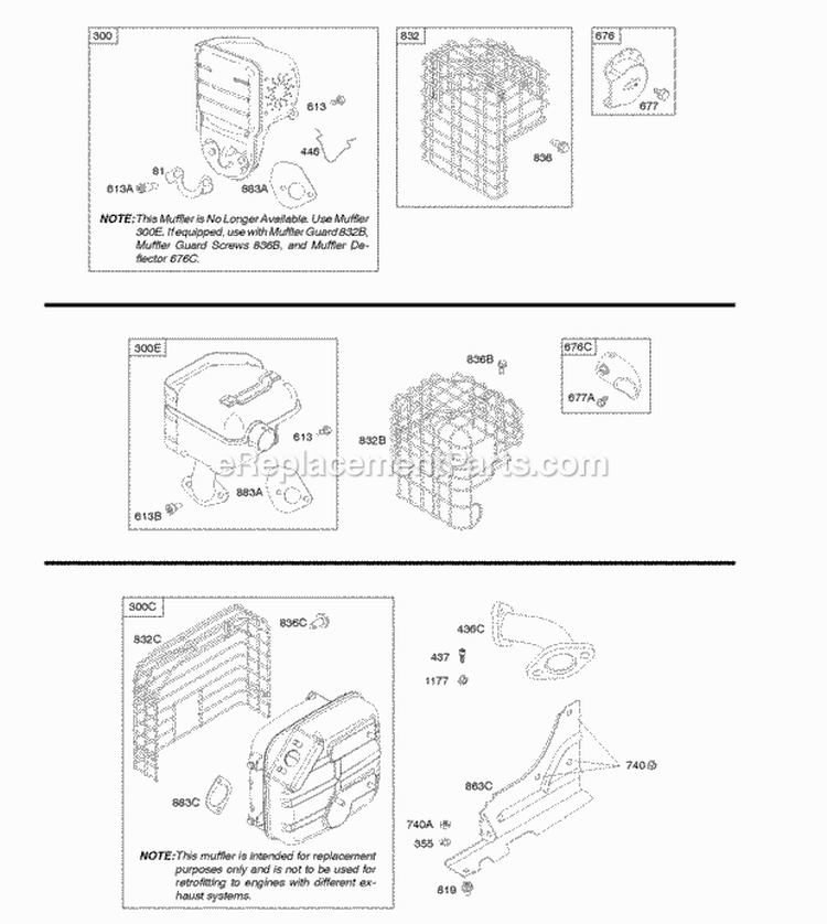 Exhaust System Diagram and Parts List for  Briggs and Stratton Engine